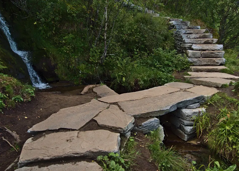 Flat stepping stones crossing a stream and leading to stone steps up a wooded hillside